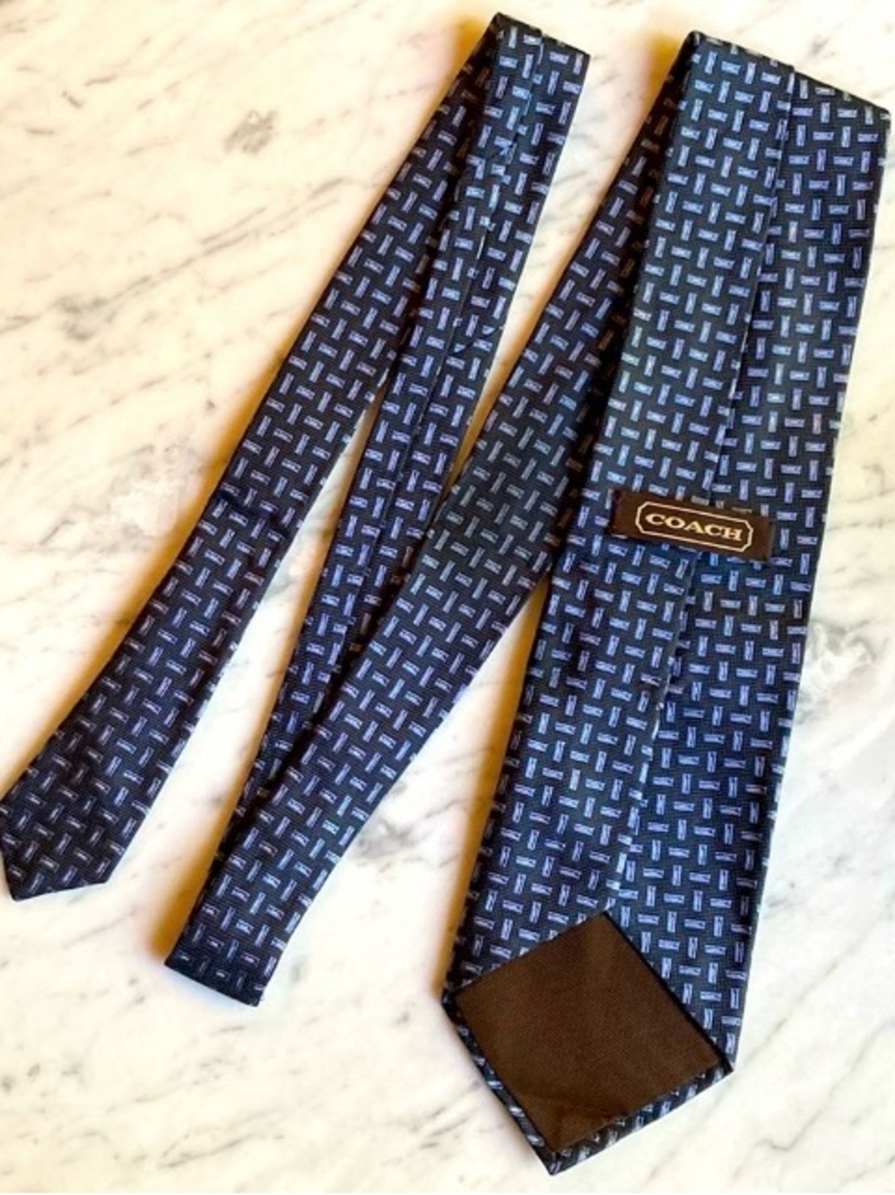 Coach Silk Necktie Blue Geometric Pattern Classic